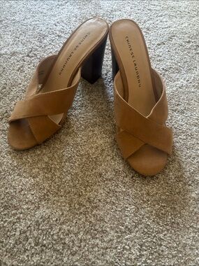 Chinese Laundry Camel Crisscross Suede Block Heel Mules